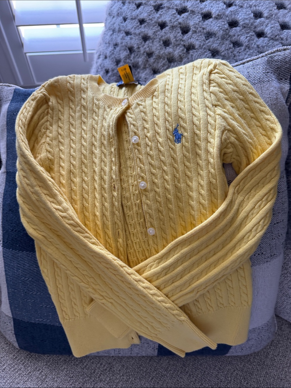 Ralph Lauren Girls Yellow Cable Knit Cotton Cardigan with Pony Logo